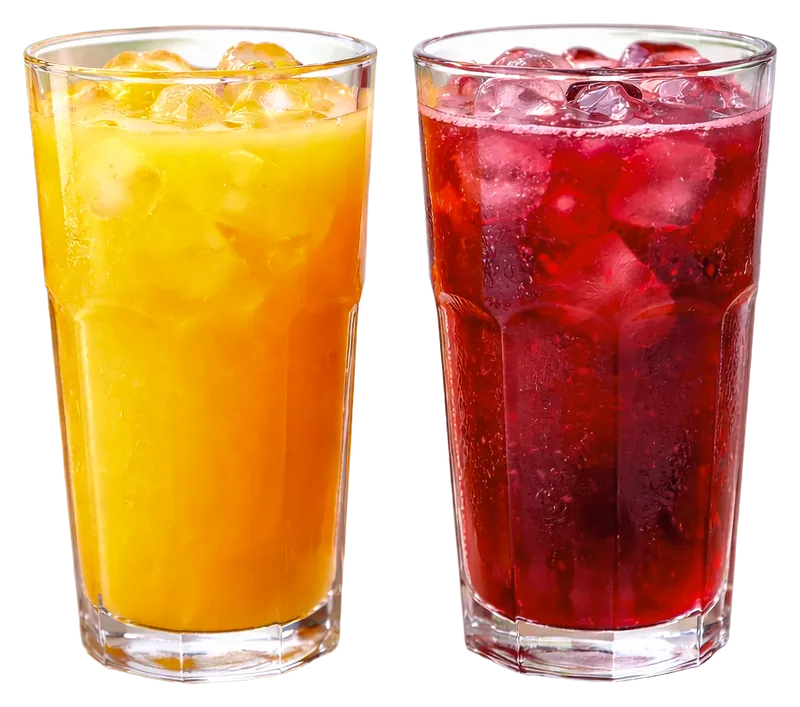 Dois copos de sumo natural com gelo: um amarelo de fruta da época e um vermelho de flor de hibisco.